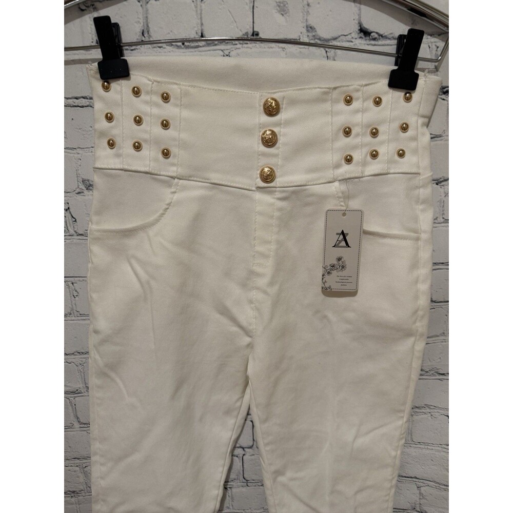 NWT White high-rise button-fly Pull On Skinny jeans With Gold Button Accents M/L - Picture 2 of 8